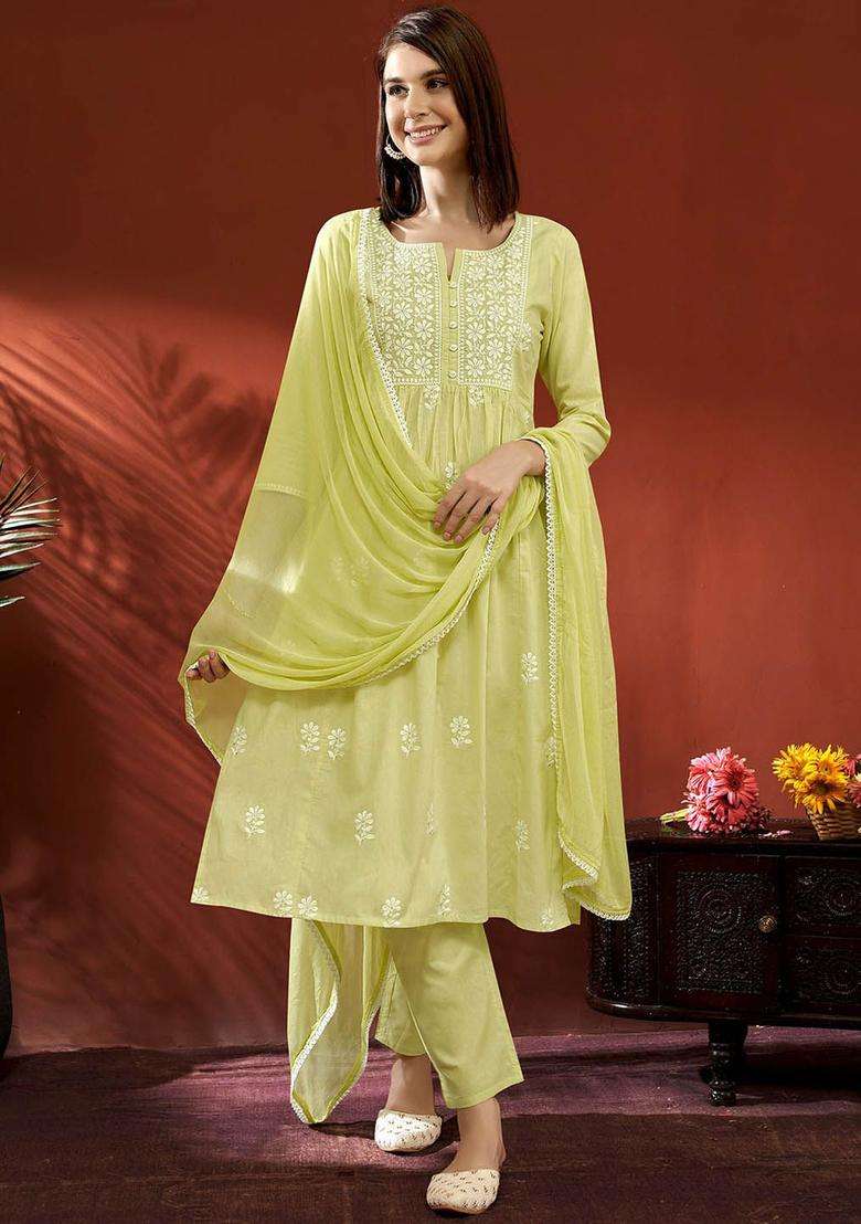 Lime Green Embroidered Cotton Kurta Set - Indya