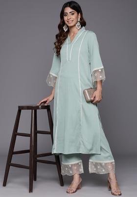 Sea Green Solid Silk Kurta Set