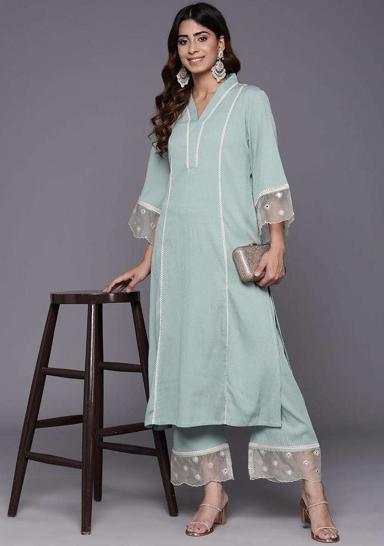 Sea Green Solid Silk Blend Kurta Set - Indya