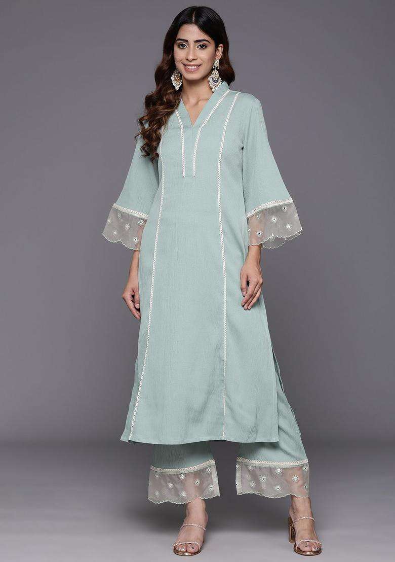 Sea Green Solid Silk Blend Kurta Set - Indya