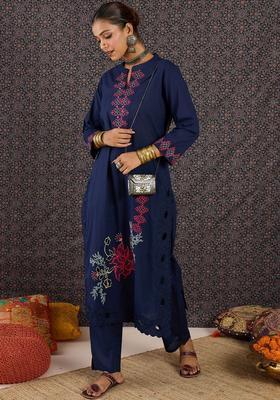 Navy Blue Embroidered Cotton Kurta Set