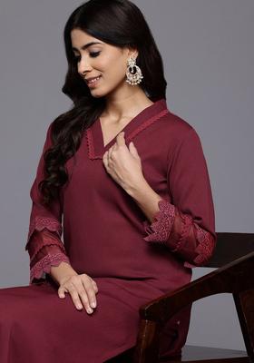 Maroon Solid Silk Kurta Set
