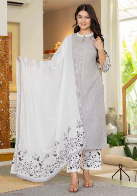 Off White Striped Cotton Kurta Set