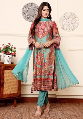Turquoise Blue Printed Silk Kurta Set