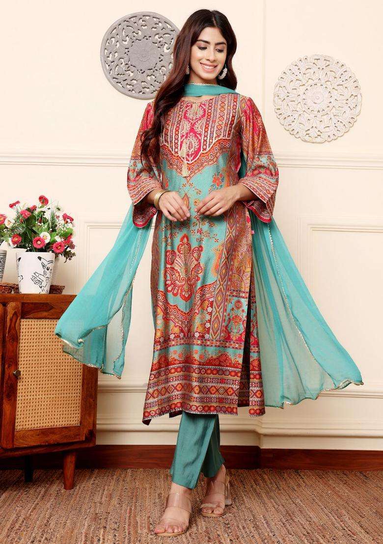 Turquoise Blue Printed Silk Blend Kurta Set - Indya
