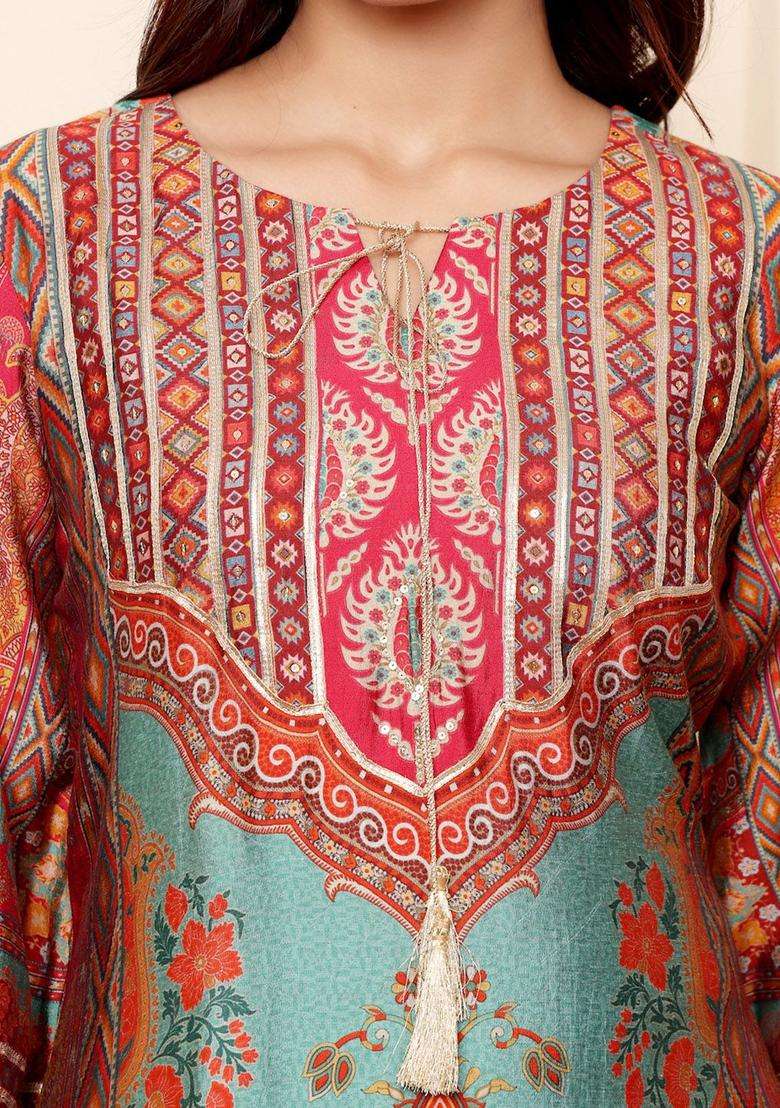 Turquoise Blue Printed Silk Blend Kurta Set - Indya