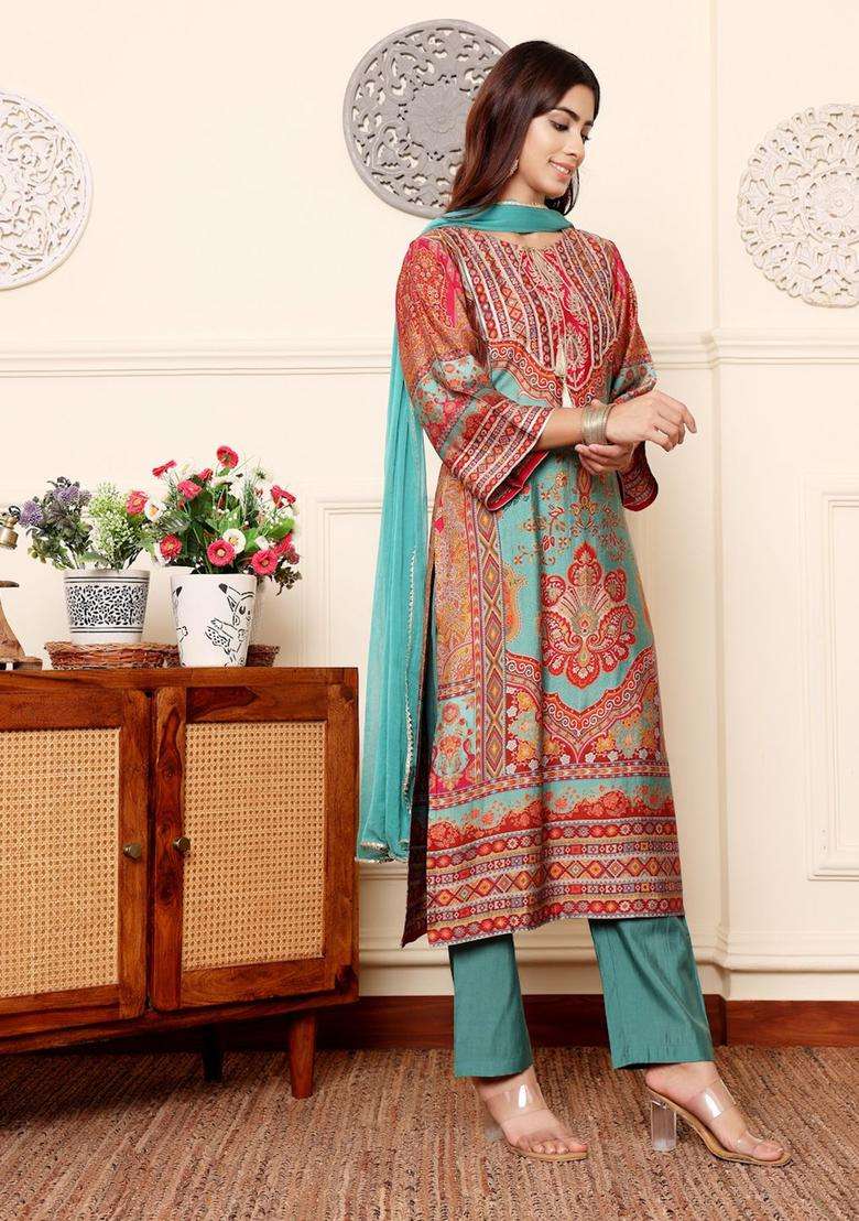 Turquoise Blue Printed Silk Blend Kurta Set - Indya