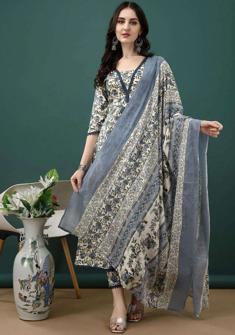 Navy Blue Printed Cotton Anarkali Set - Indya