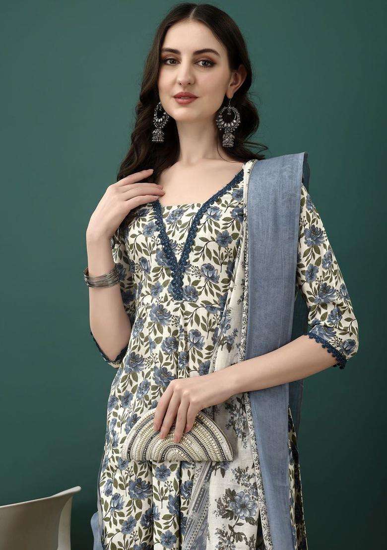 Navy Blue Printed Cotton Anarkali Set - Indya