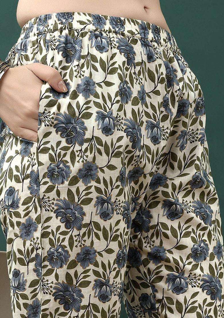 Navy Blue Printed Cotton Anarkali Set - Indya