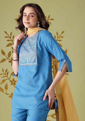 Blue Yoke Design Viscose Kurta Set