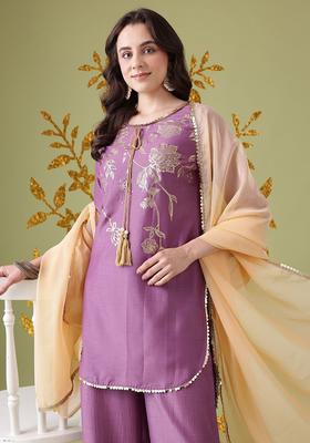 Purple Printed Polyester Kurta Set