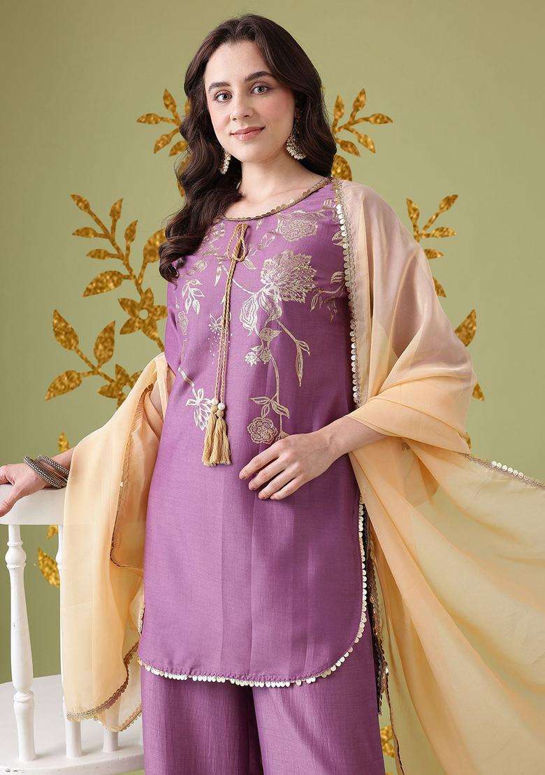 Purple Printed Polyester Kurta Set - Indya