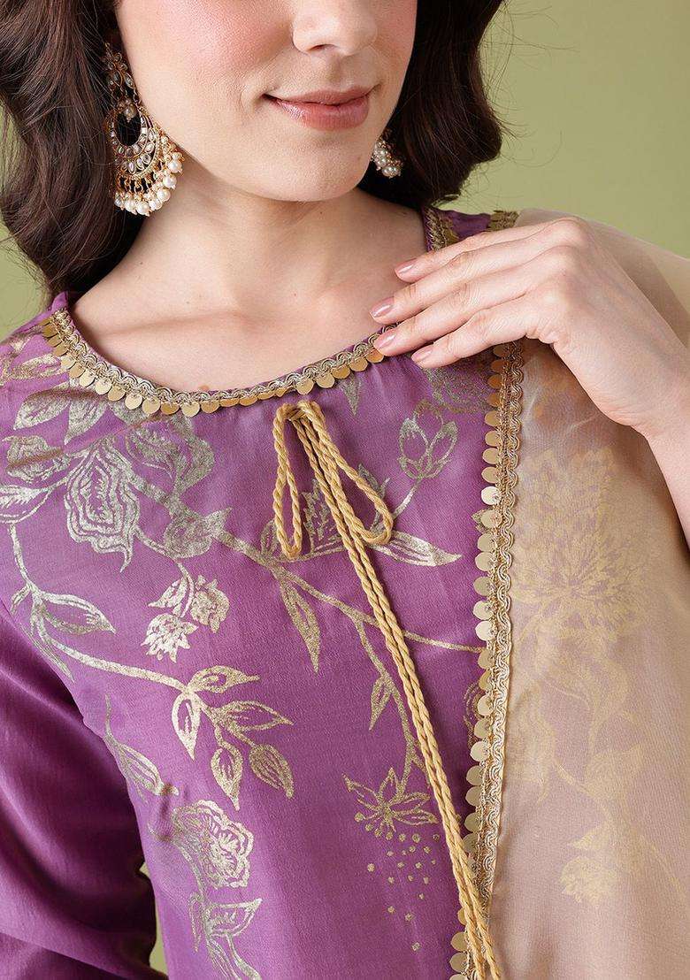 Purple Printed Polyester Kurta Set - Indya