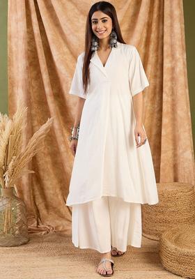 White Solid Viscose Kurta Set