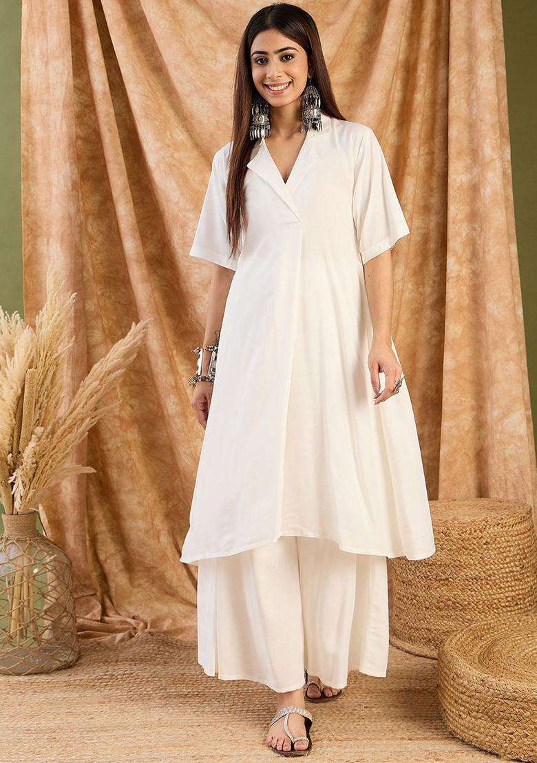 White Solid Viscose Kurta Set - Indya