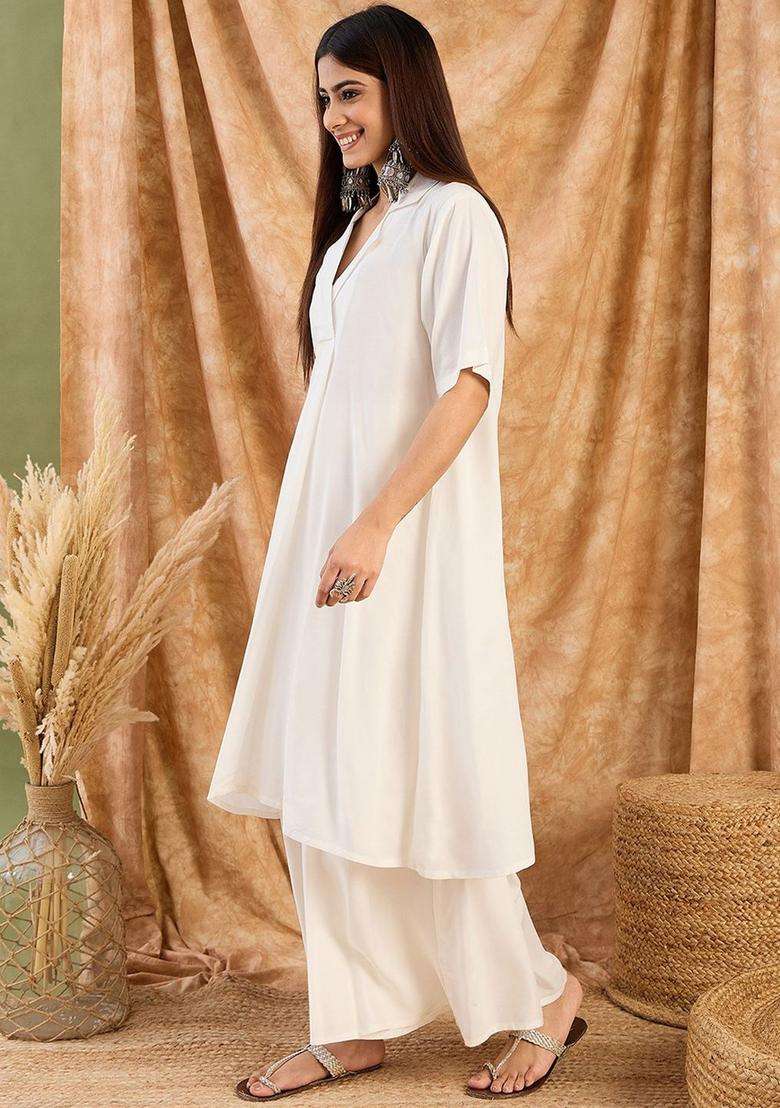 White Solid Viscose Kurta Set - Indya