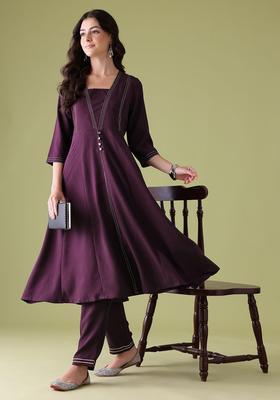 Purple Yoke Design Polyester Anarkali Set