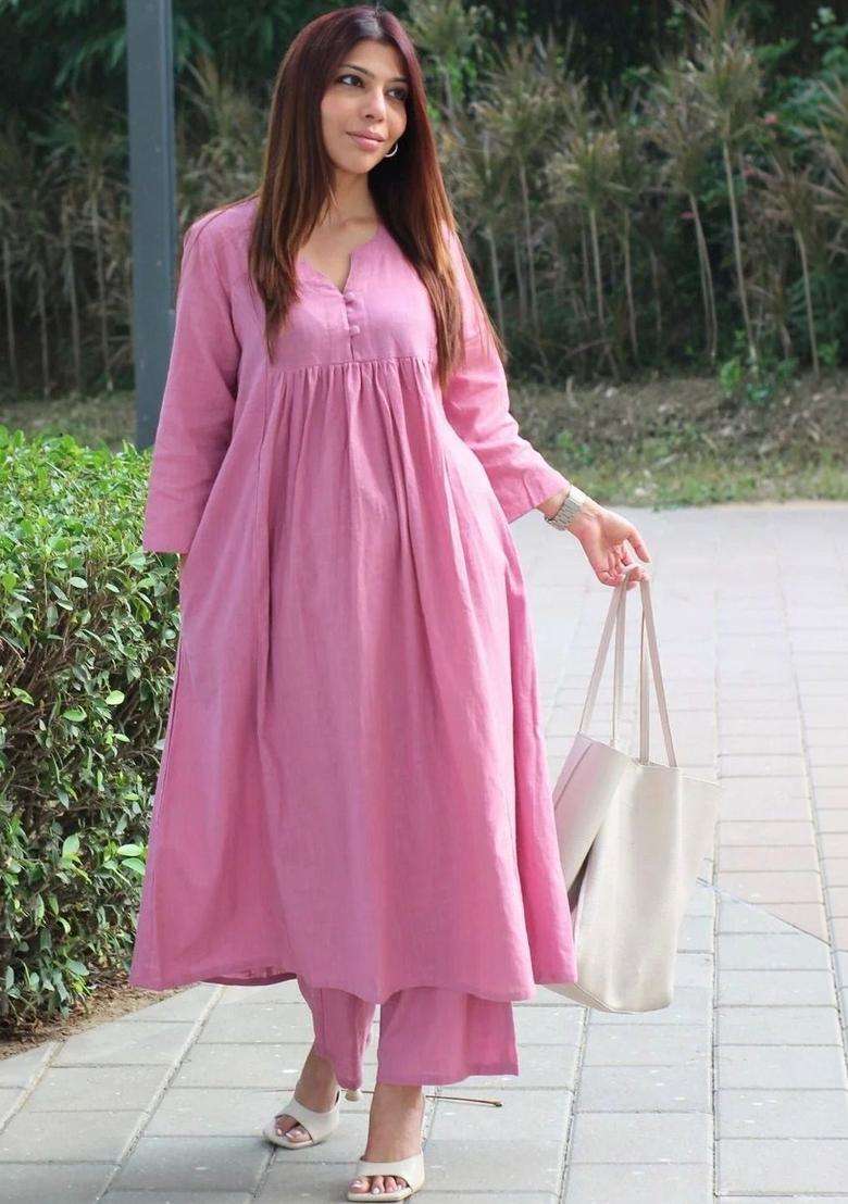 Pink Solid Viscose Kurta Set - Indya