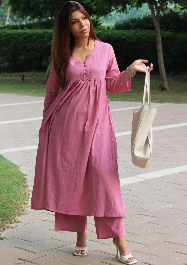 Pink Solid Viscose Kurta Set - Indya