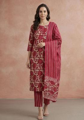 Magenta Printed Cotton Kurta Set