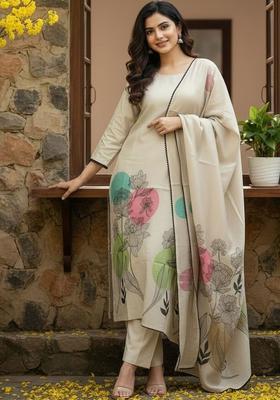 Off White Printed Polyester Kurta Set