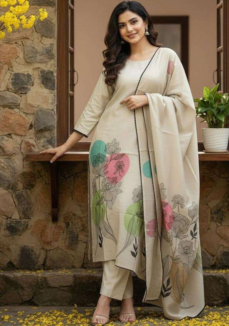 Off White Printed Polyester Kurta Set - Indya