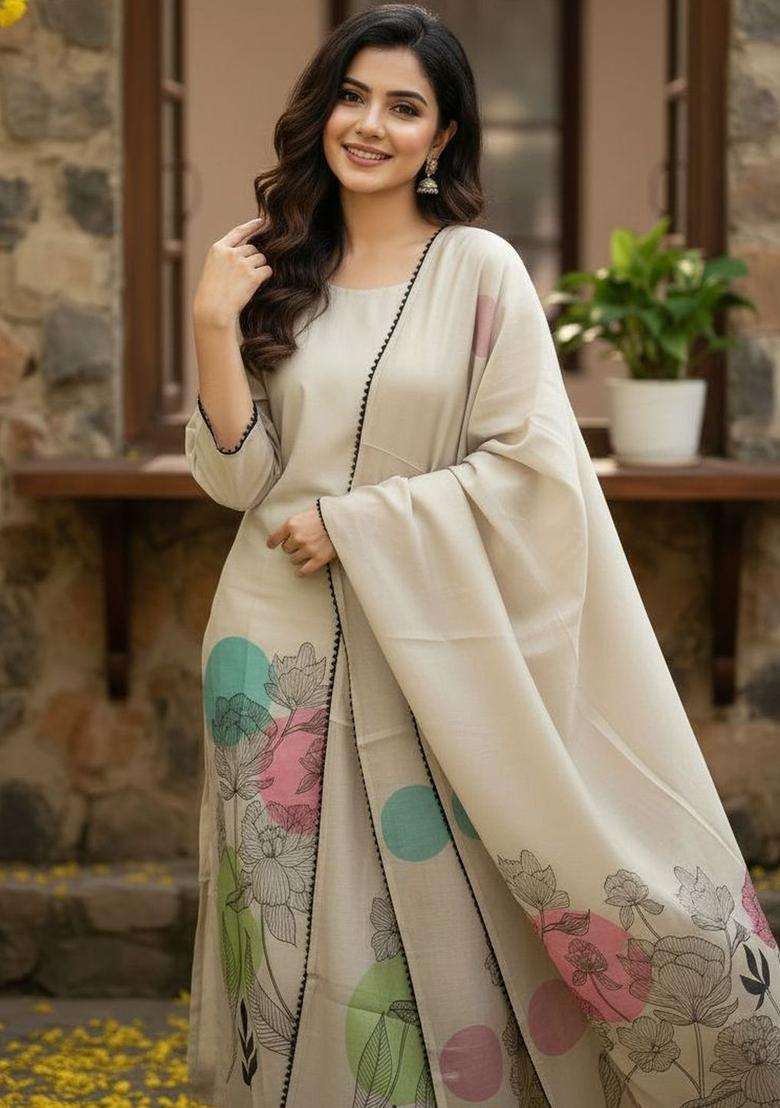 Off White Printed Polyester Kurta Set - Indya