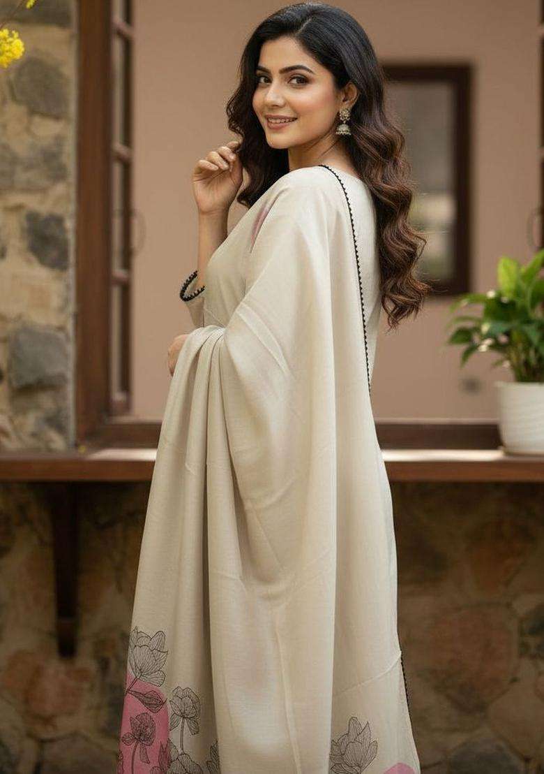 Off White Printed Polyester Kurta Set - Indya