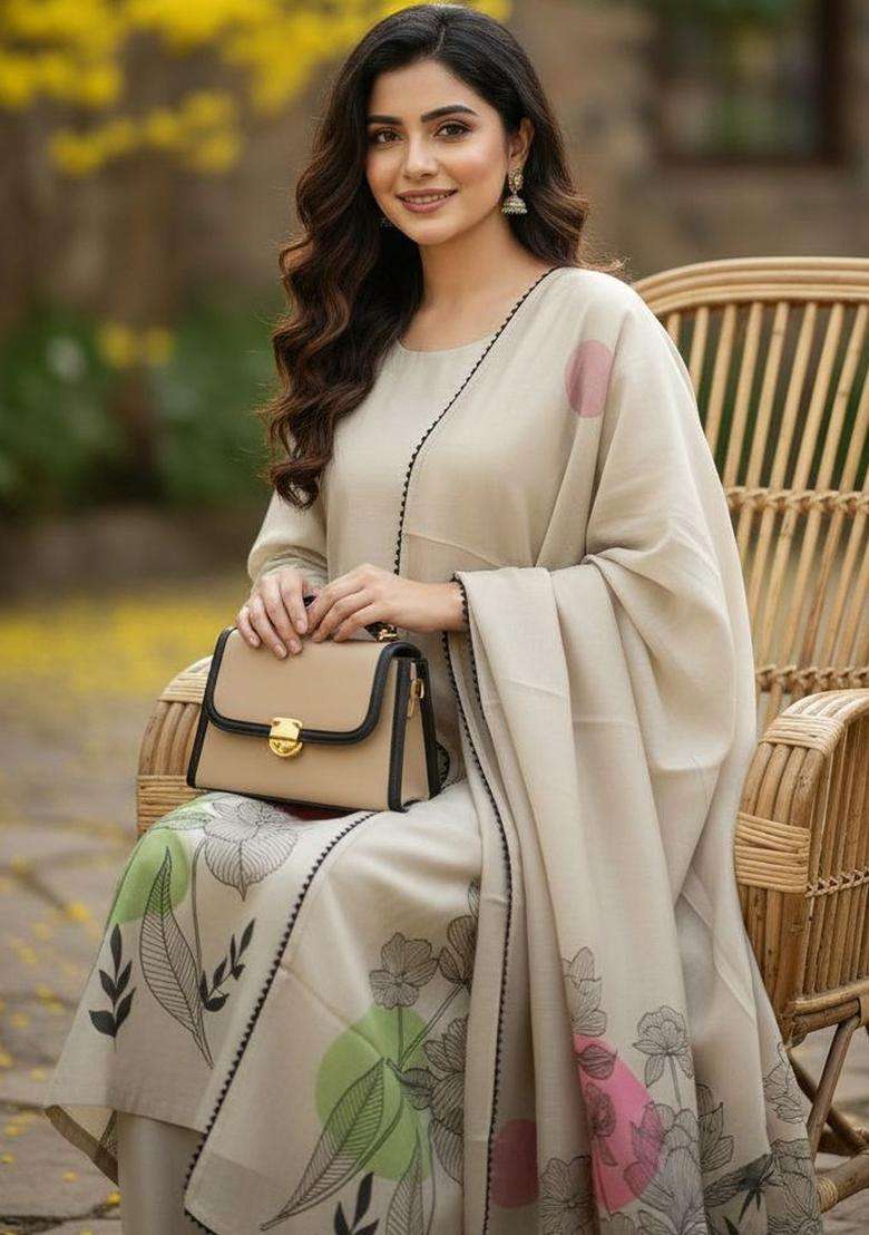 Off White Printed Polyester Kurta Set - Indya
