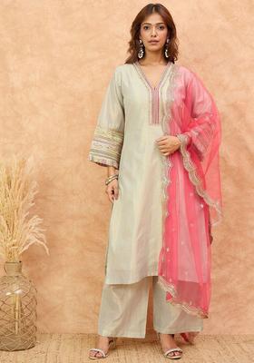 White Self Design Silk Blend Kurta Set