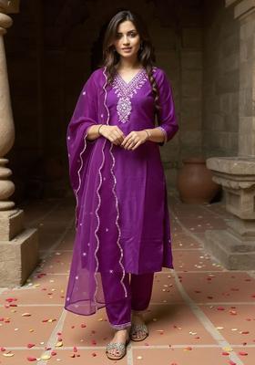 Purple Yoke Design Silk Blend Kurta Set