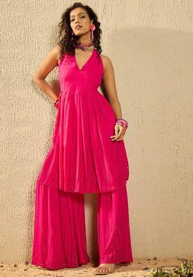 Fuchsia Embroidered Viscose Kurta Set