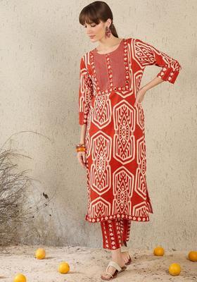 Rust Printed Cotton Kurta Set