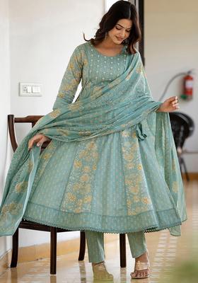 Green Printed Cotton Anarkali Set