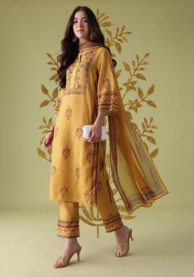Mustard Printed Polyester Kurta Set