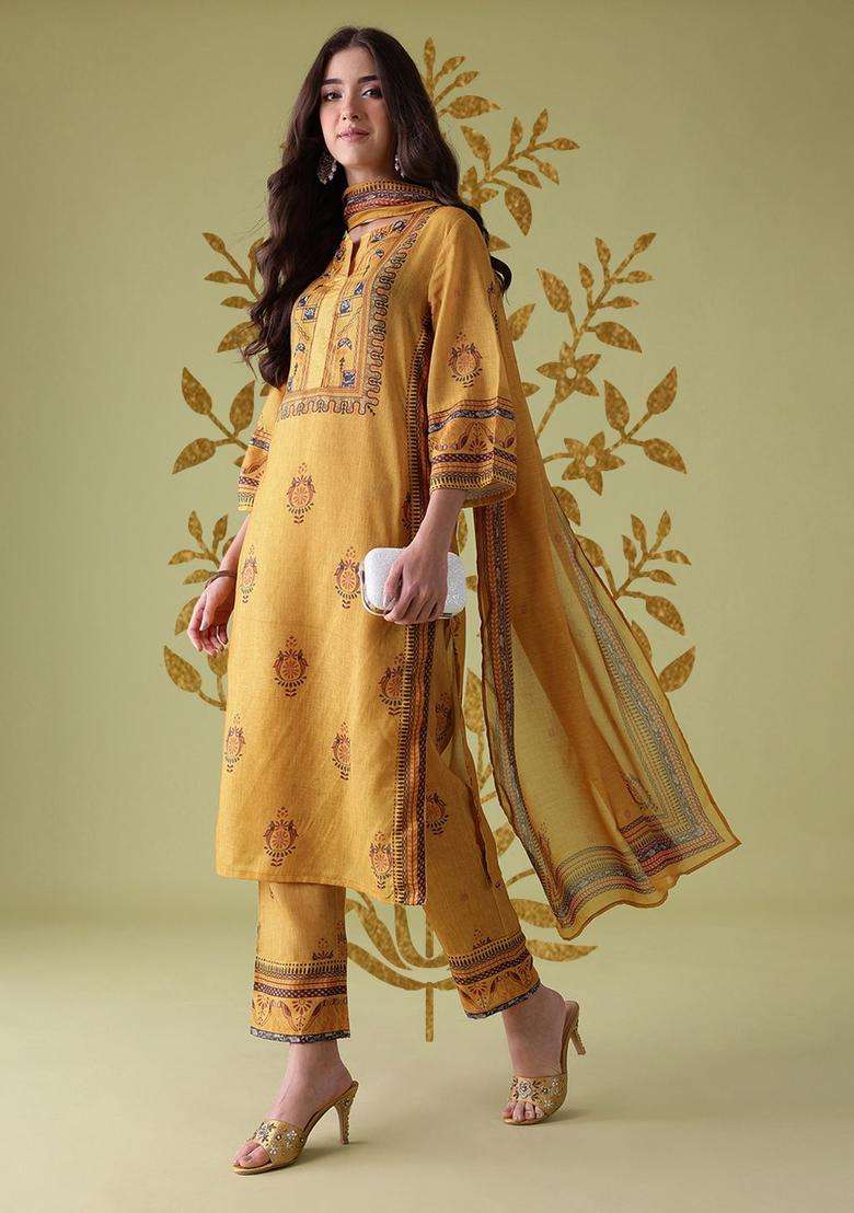 Mustard Printed Polyester Kurta Set - Indya