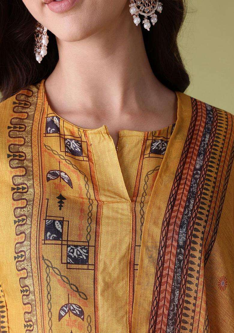 Mustard Printed Polyester Kurta Set - Indya