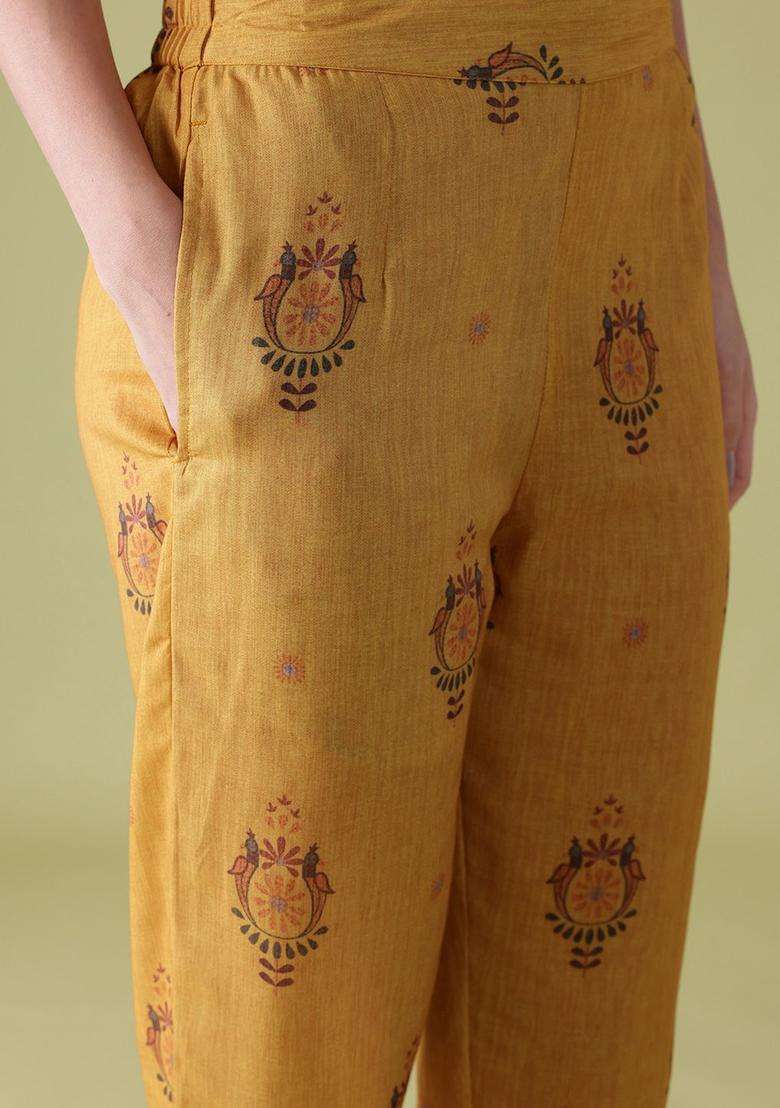 Mustard Printed Polyester Kurta Set - Indya