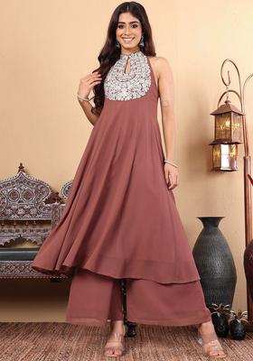 Camel Brown Embroidered Silk Anarkali Set