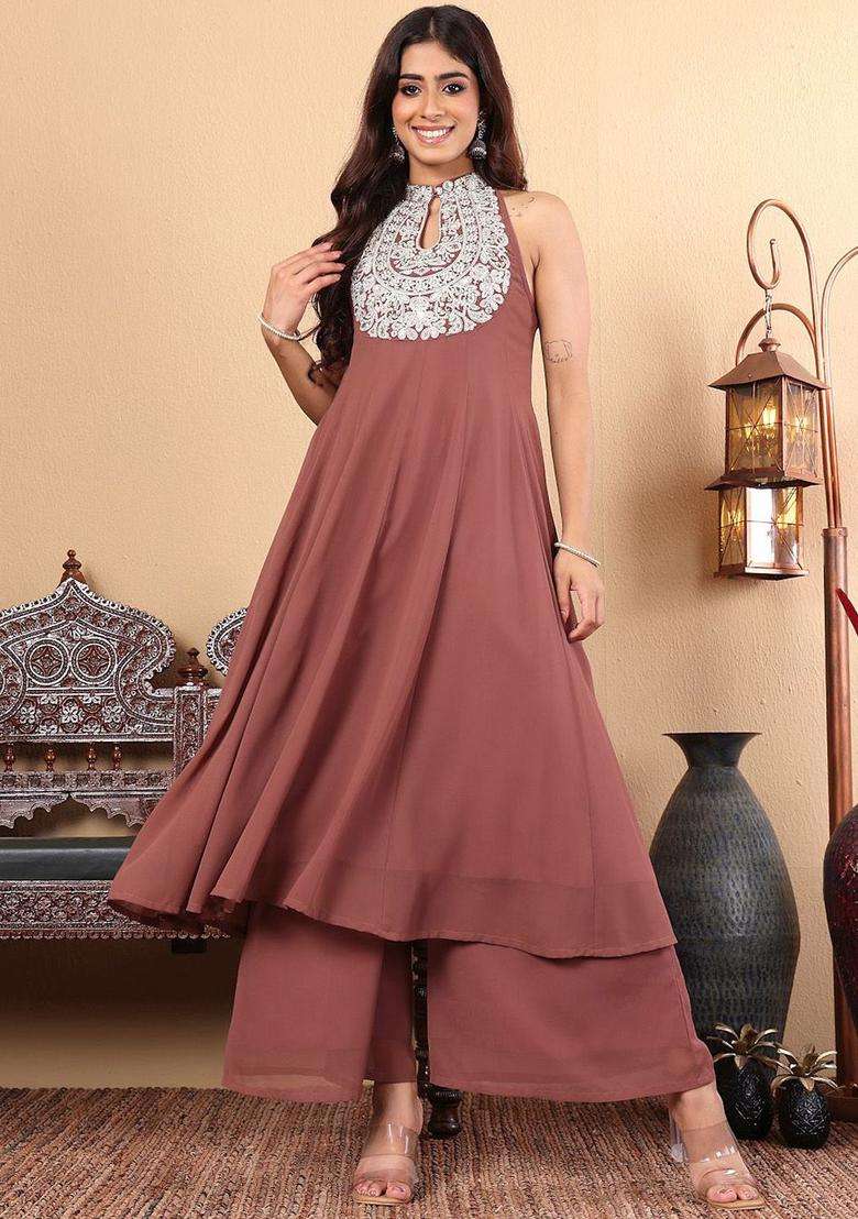 Camel Brown Embroidered Silk Blend Anarkali Set - Indya