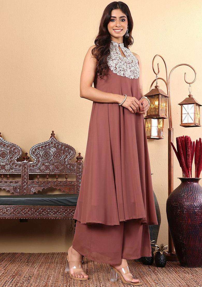 Camel Brown Embroidered Silk Blend Anarkali Set - Indya