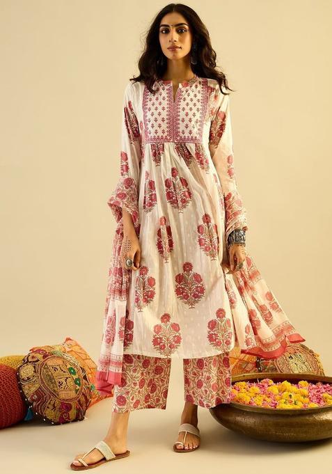 Off White Printed Cotton Kurta Set