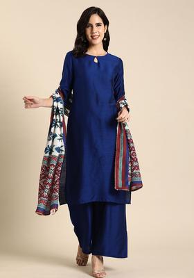 Navy Blue Solid Silk Kurta Set