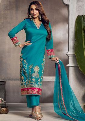 Turquoise Blue Embroidered Silk Blend Kurta Set