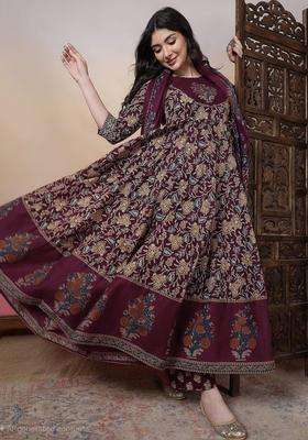 Burgundy Printed Cotton Kurta Set