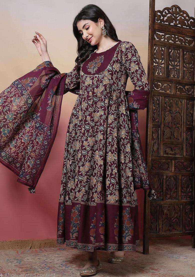 Burgundy Printed Cotton Kurta Set - Indya