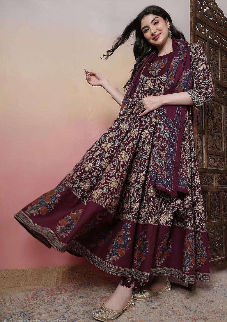 Burgundy Printed Cotton Kurta Set - Indya
