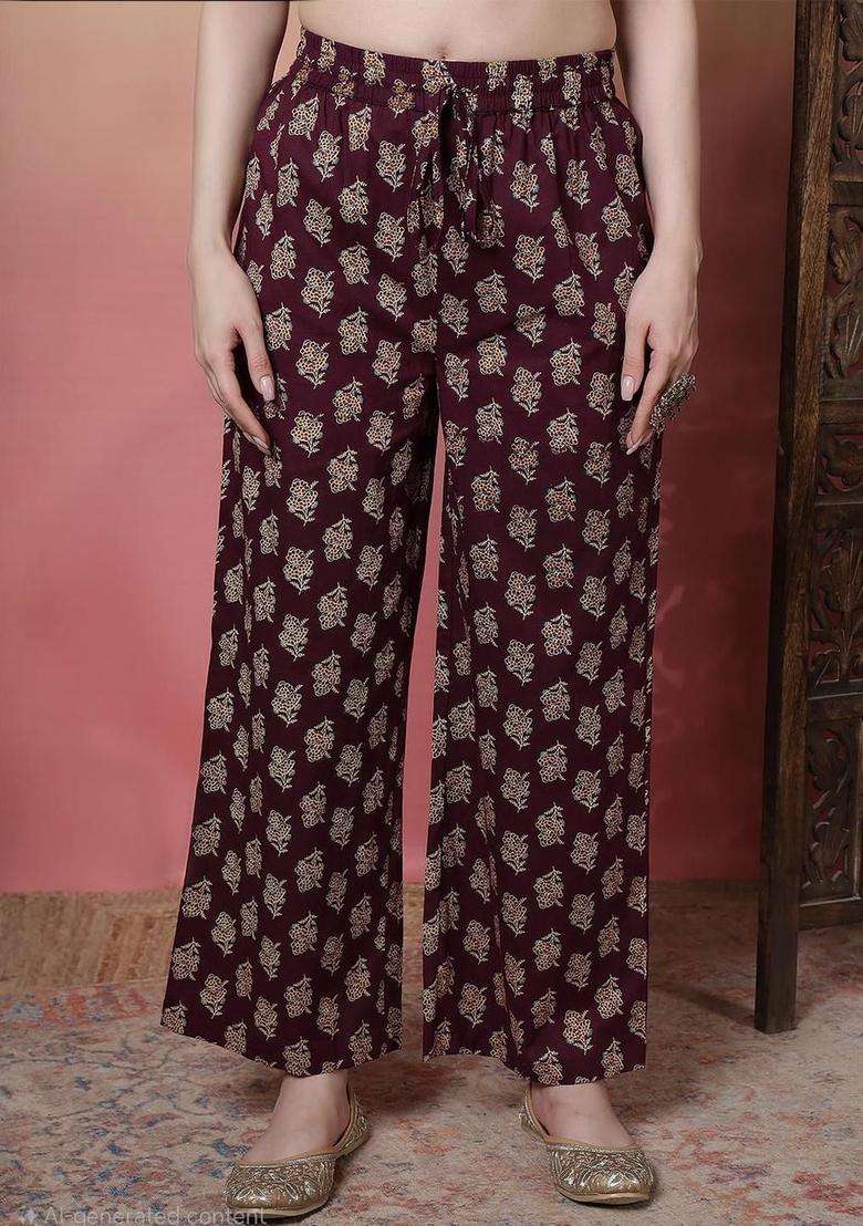 Burgundy Printed Cotton Kurta Set - Indya