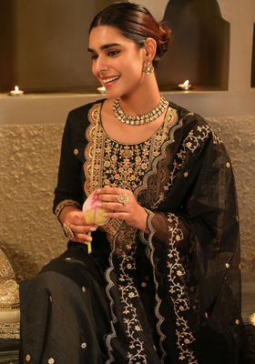 Black Embroidered Chinon Kurta Set